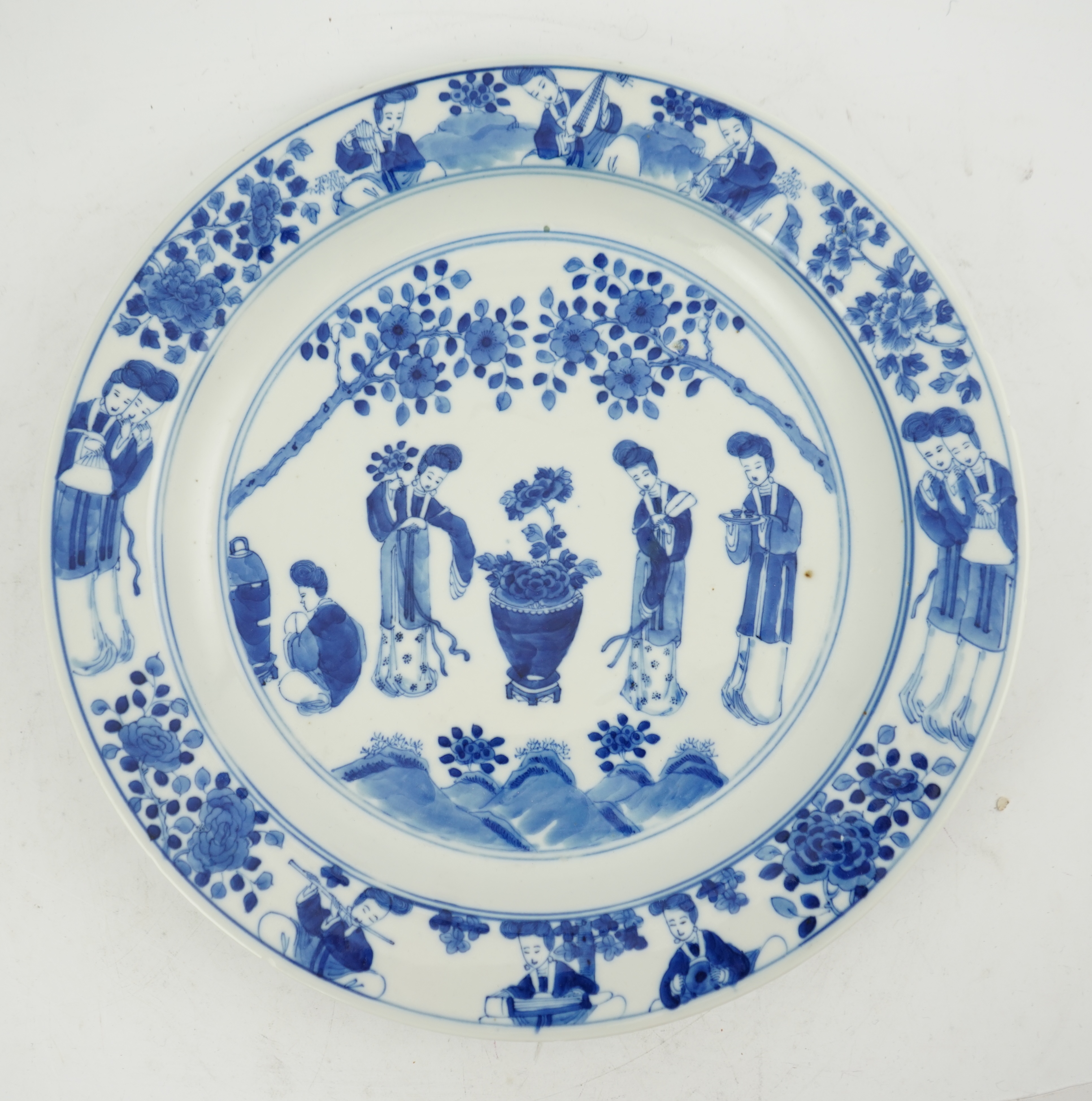 A Chinese blue and white 'ladies' plate, Kangxi mark, 19th century